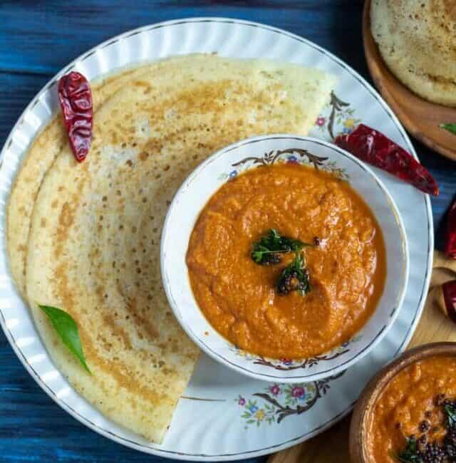 Easy tomato chutney served in a white ceramic bowl