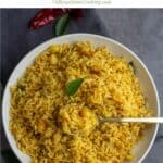 raw mango rice with text overlay for pinterest