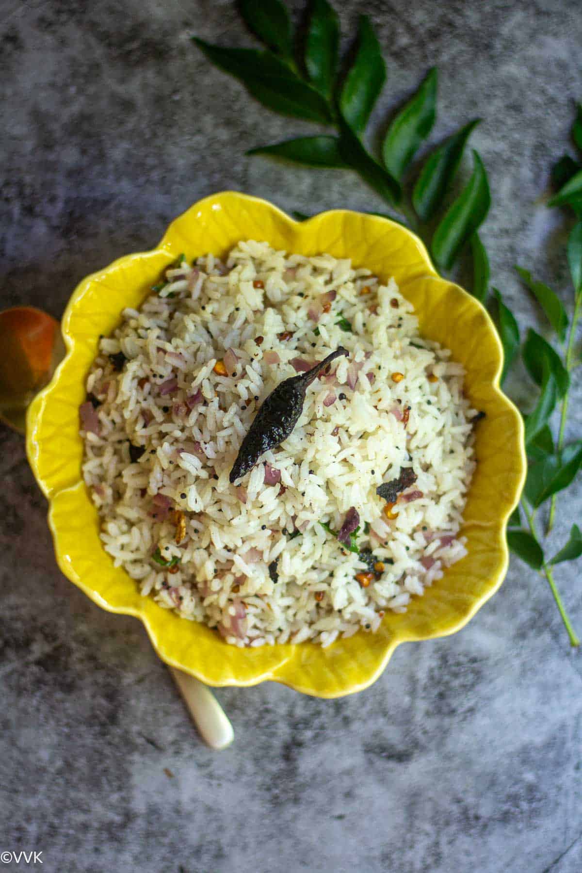 close up shot of seasoned rice with curry leaves on the side