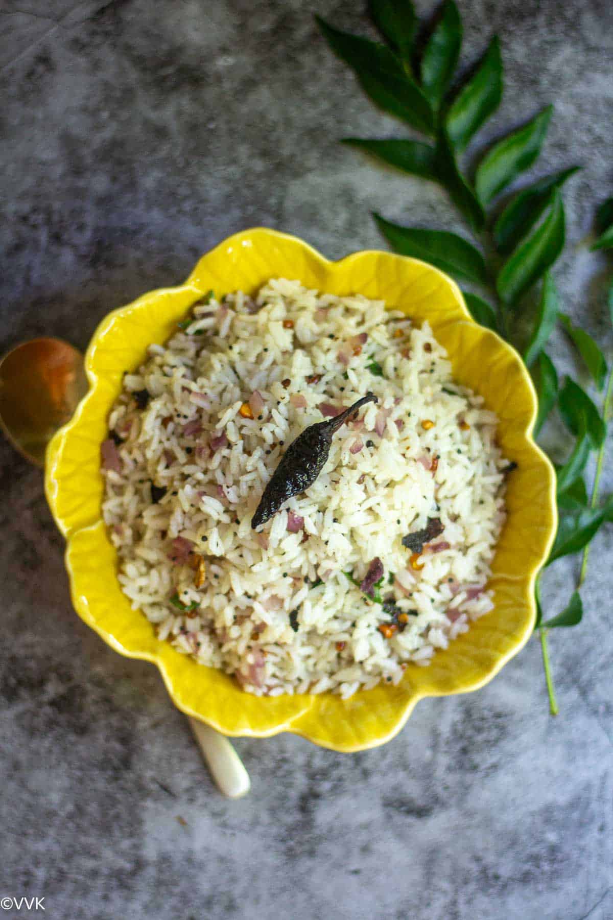 south indian tadka rice served in yellow bowl 