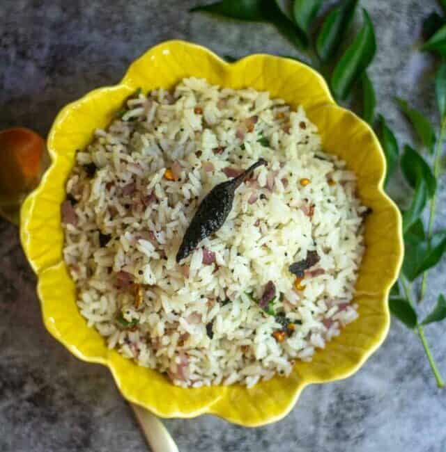 close up shot of seasoned rice with curry leaves on the side