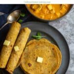 overhead shot of broccoli paratha shot and rolled ones on the side with text overlay for pinterest