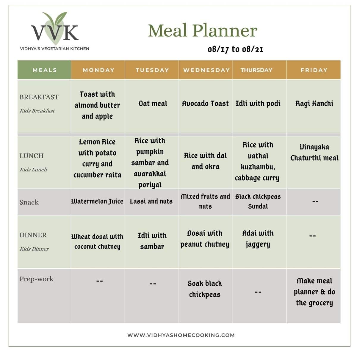 Weekly Meal Planner South Indian Vegetarian Meal Planner