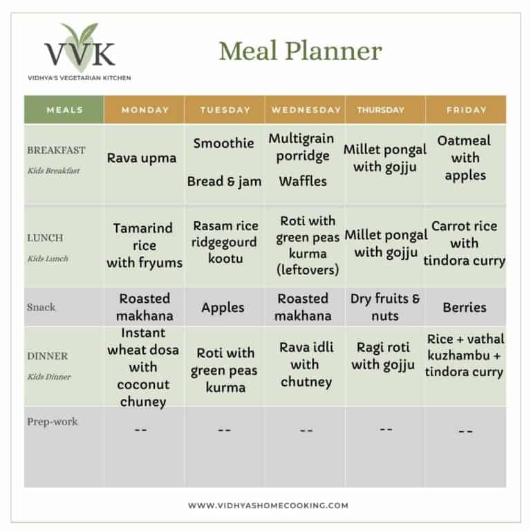 South Indian Vegetarian Weekly Meal Planner