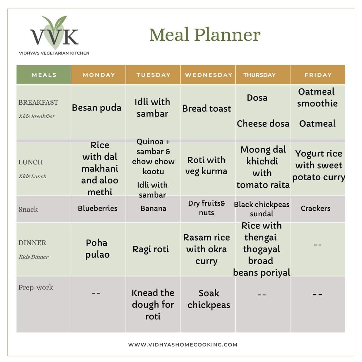 Indian Meal Plan | Weekly Meal Planner - Vidhya’s Vegetarian Kitchen