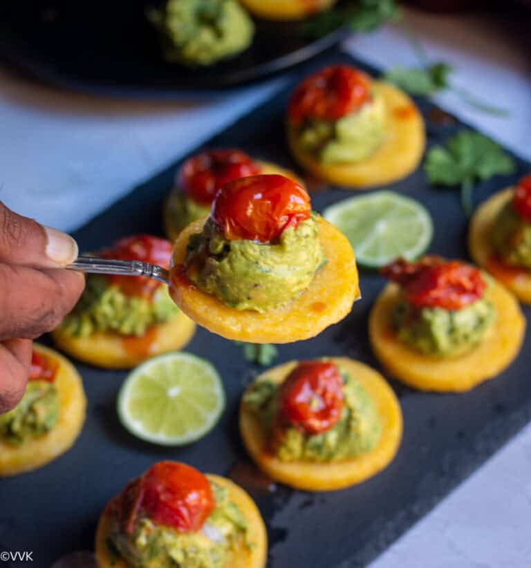 Polenta Bites with Guacamole and Roasted Tomatoes