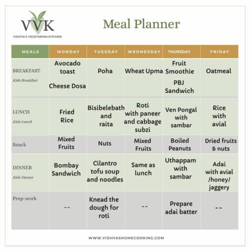 Weekly meal planner with simple and doable recipes - Vidhya’s ...