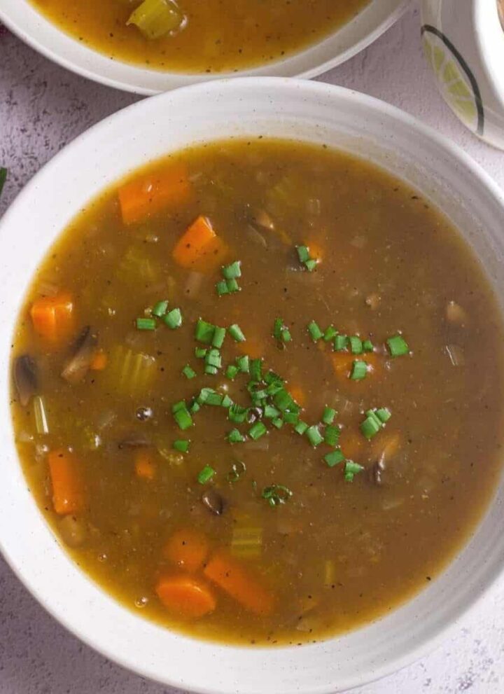 square image of vegetarian gravy served in white bowl