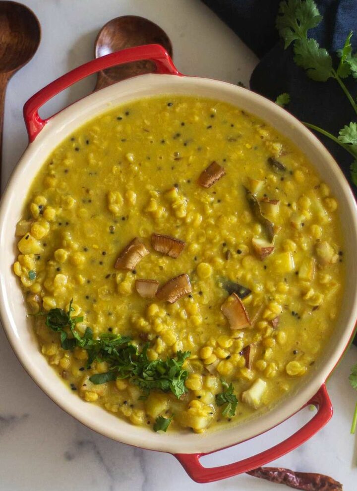 square image of alu diye cholar dal overhead shot