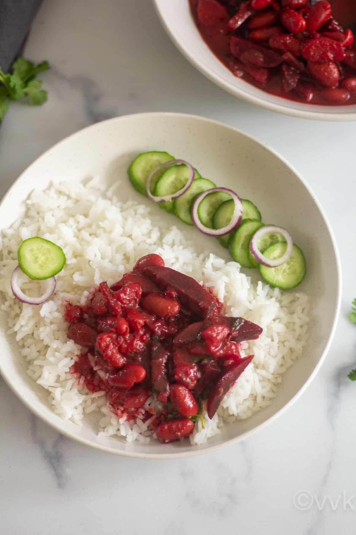 srilankan beetroot curry served with rice and cucumbers