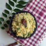 square image of radish mash recipe served in a bowl with curry leaves on the side