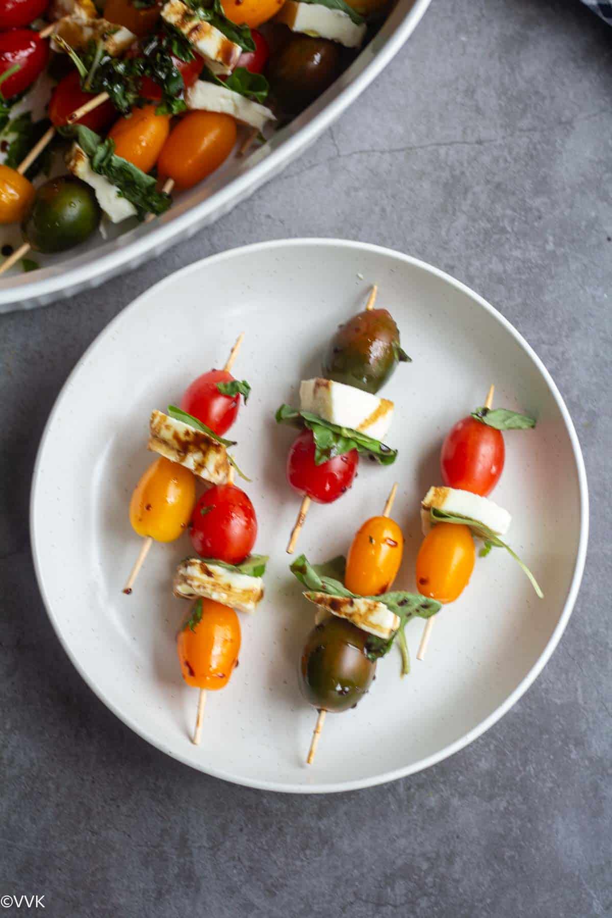 overhead shot of caprese skewers