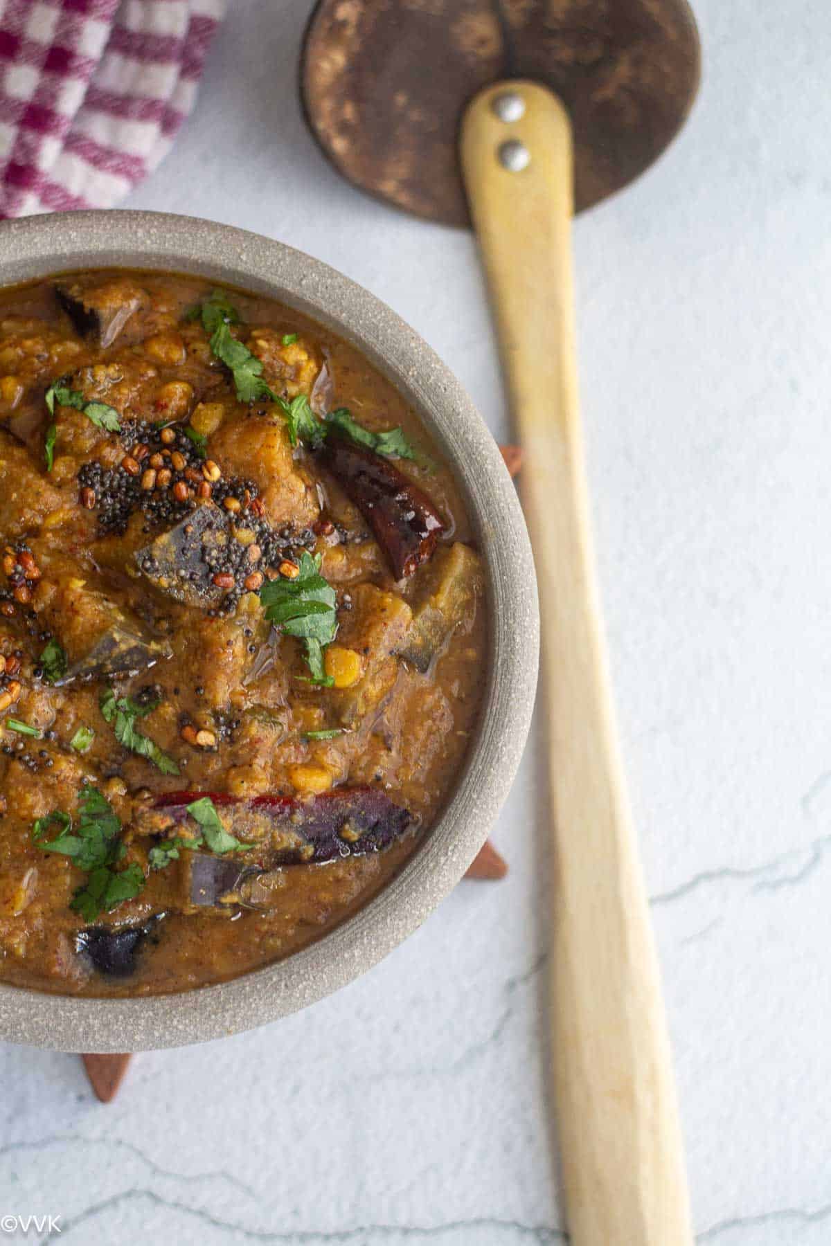 close up shot of south indian brinjal curry with partial view