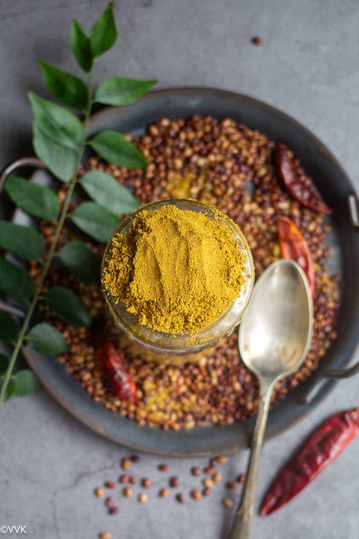 overhead shot of horsegram rasam podi