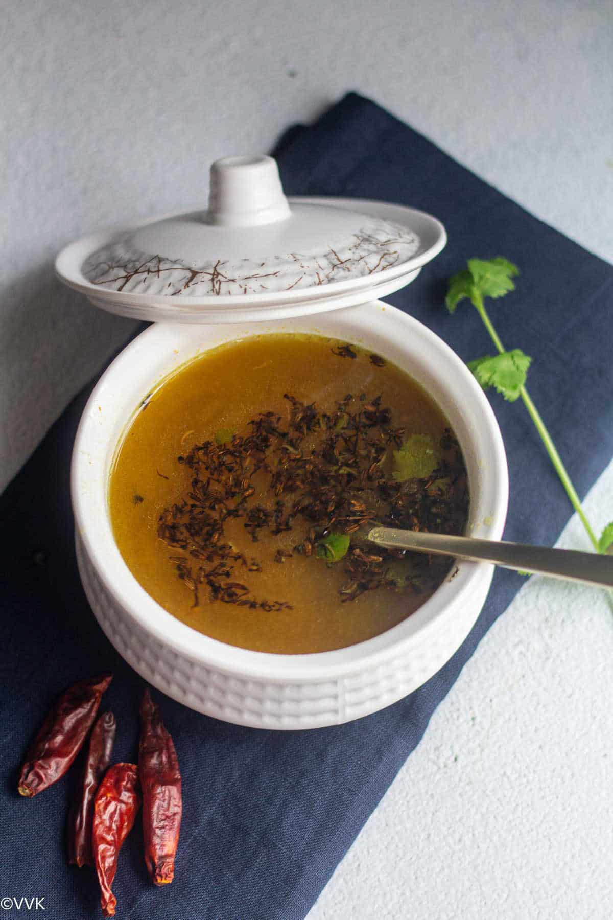 neem flower rasam with the ghee tempering 