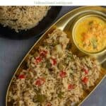 potato capsicum rice with text overlay for pinterest