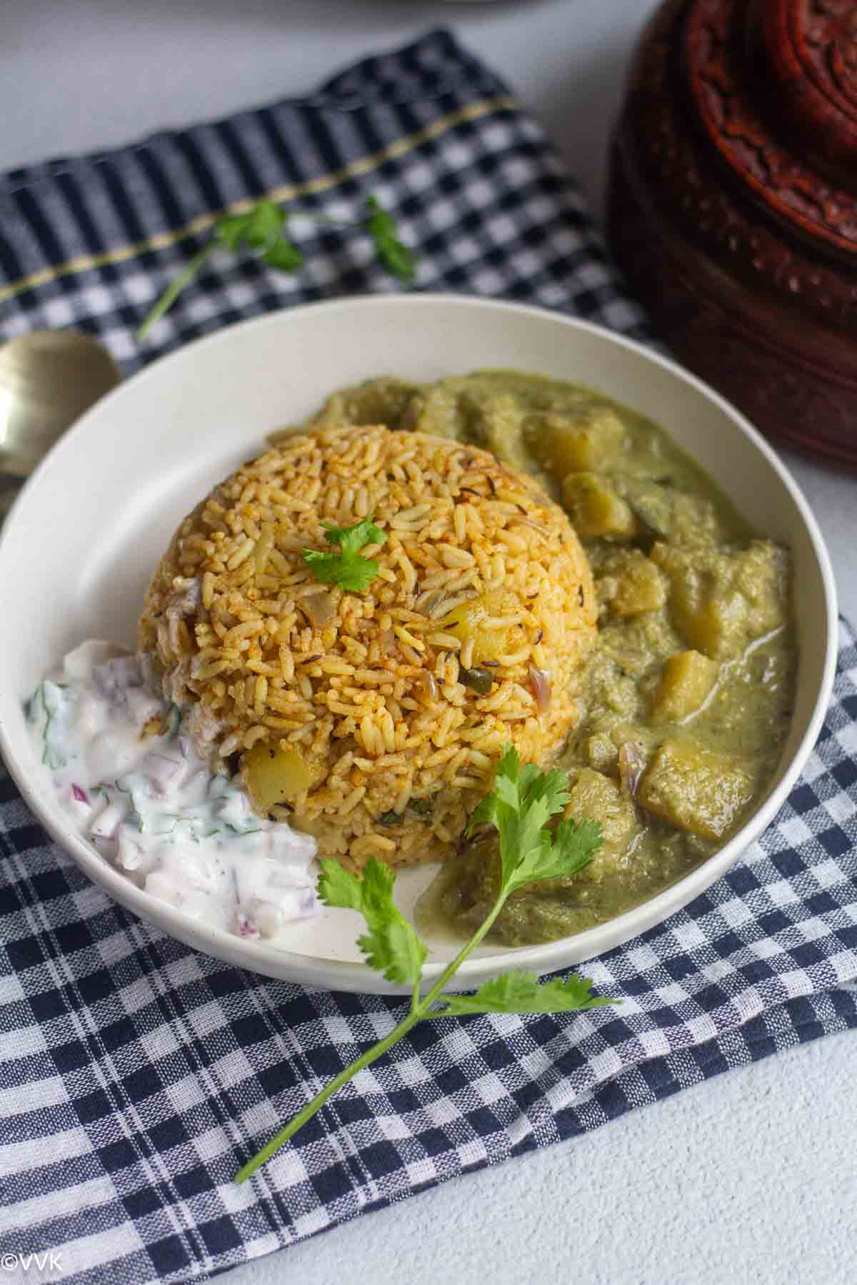 zucchini bath meal with raita and kurma 