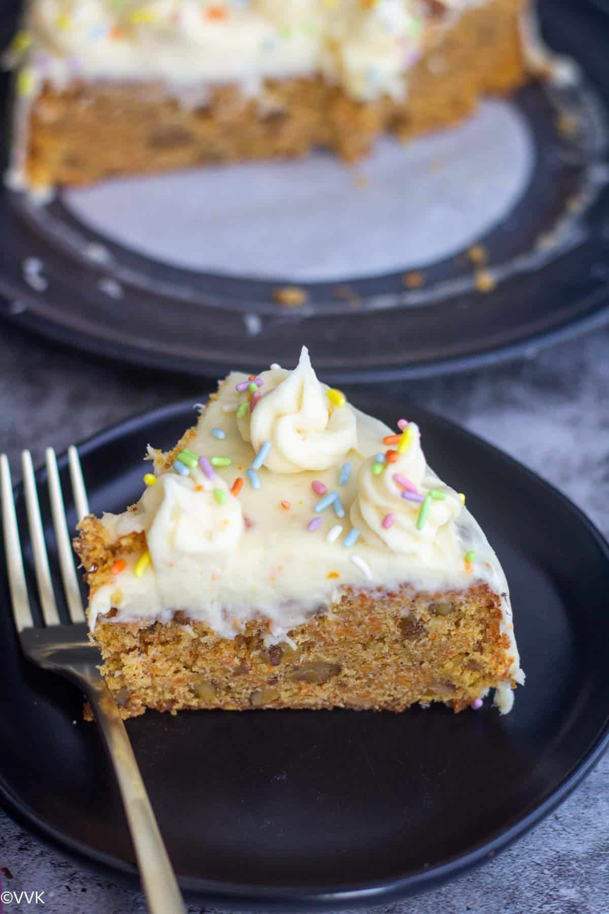close up shot of eggless carrot cake slice