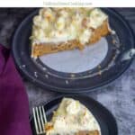 eggless carrot cake slice with text overlay for pinterest